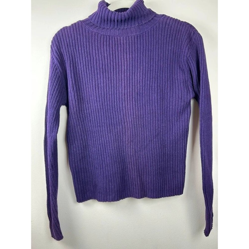 Vintage 90s Kathy Ireland L Purple Rib-Knit Turtleneck Long Sleeve 100% Cotton
